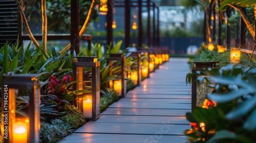 A mix of flickering lanterns and candles line the pathways guiding guests to different areas of the rooftop garden. 2d flat cartoon. © Justlight