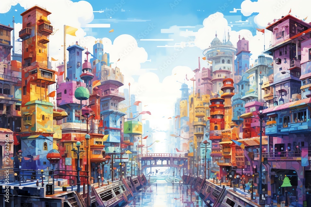 Capture a bustling cityscape from a high-angle view in vibrant watercolor, blending fantasy and reality Enhance the animation with a pixel art style for a nostalgic touch Capture a bustling cityscape from a high-angle view in vibrant watercolor, blending fantasy and reality Enhance the animation with a pixel art style for a nostalgic touch
