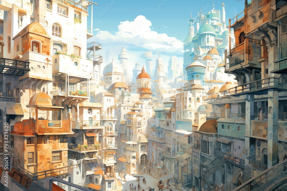 Capture a bustling cityscape from a high-angle view in vibrant watercolor, blending fantasy and reality Enhance the animation with a pixel art style for a nostalgic touch