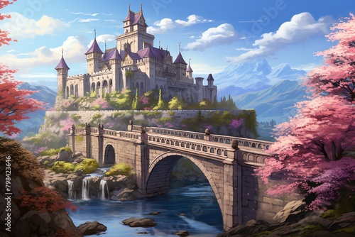 Capture a digital rendering of an ancient, romantic bridge entwined with blooming flowers against a backdrop of a majestic castle perched high on a hill Utilize pixel art techniques to convey intricat
