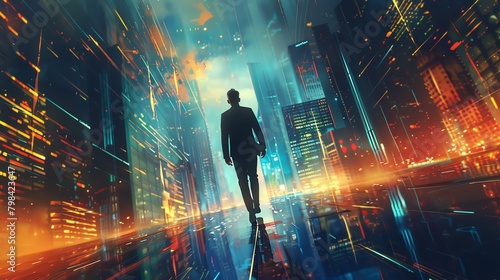 Capture a dynamic Worms-eye view of an Entrepreneur in a sleek suit, confidently walking against a futuristic cityscape Utilize Digital Rendering Techniques with sharp lines and bold colors, emphasizi