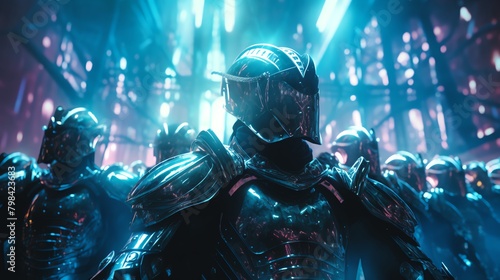 Capture a mesmerizing holographic reenactment of a medieval battle with a cyberpunk twist, using CG 3D rendering Show knights clashing in stunning detail against a futuristic backdrop photo