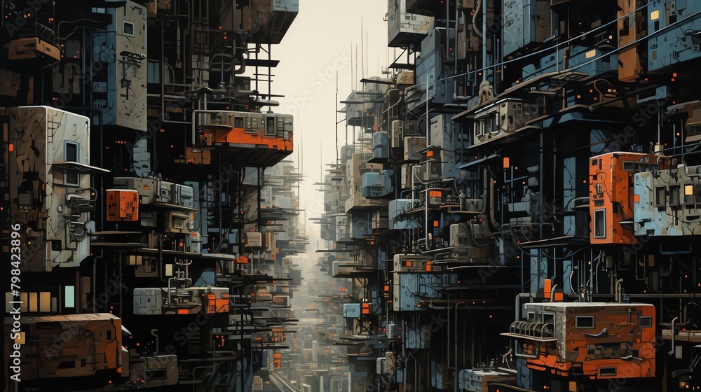 Capture the intricate decay of a futuristic cityscape in acrylic paint, high-angle view revealing hidden corners and twisted structures Blend dystopian visions with unexpected camera angles to convey