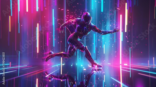 Capture the fusion of futuristic technologies and dance forms in a digital rendering utilizing glitch art style, incorporating unexpected camera angles for a dynamic perspective © nattapon98