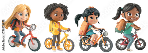 Collection of group of multi ethnic school girls cartoon characters riding bike to go to school. Isolate over white transparent background