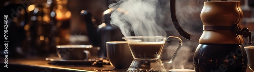 Coffee brewing in a cozy cafe, steam rising, close focus