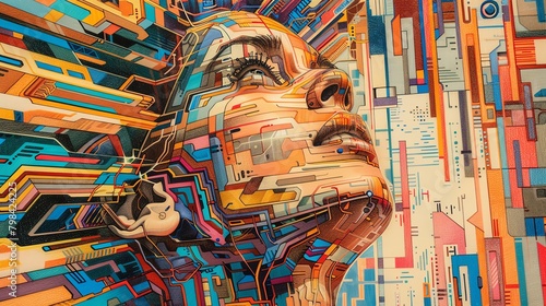 Craft a visually striking portrayal of Artificial Intelligence using colored pencils on paper with a dynamic low-angle perspective, infusing bold colors and intricate textures to evoke a sense of inte