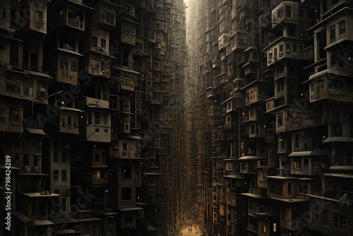 Delve into a sprawling metropolis, distorted by time Capture its decaying skyscrapers from a birds eye view, revealing hidden meanings Traditional Art Medium, dark, haunting, atmospheric