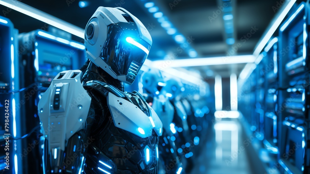 Fototapeta premium Highfrequency trading robot in server room, blue LED lights, wide angle