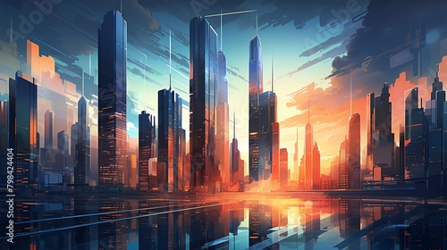 Fuse the essence of urban exploration with futuristic elements through vector art Focus on a birds-eye view of a cityscape with striking lighting techniques  showcasing a blend of modernity and innova