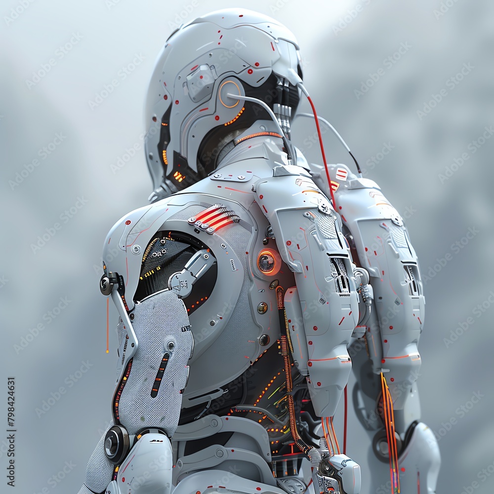 Animate a rear-view futuristic exoskeleton with CG 3D rendering, showcasing intricate details and sleek design Incorporate glitch art elements for a visually striking and dynamic effect Animate a rear-view futuristic exoskeleton with CG 3D rendering, showcasing intricate details and sleek design Incorporate glitch art elements for a visually striking and dynamic effect