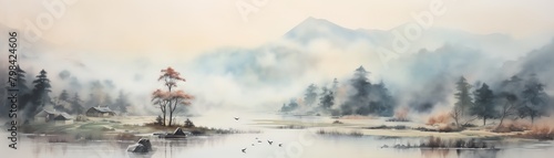 Abstract watercolor landscape, soft pastel hues, misty morning, wide shot