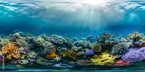 An enchanting underwater scene showcasing vibrant coral reefs and a variety of fish swimming gracefully.