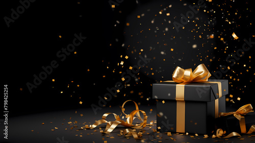 3D black gift box with gold ribbon and ribbon on dark background