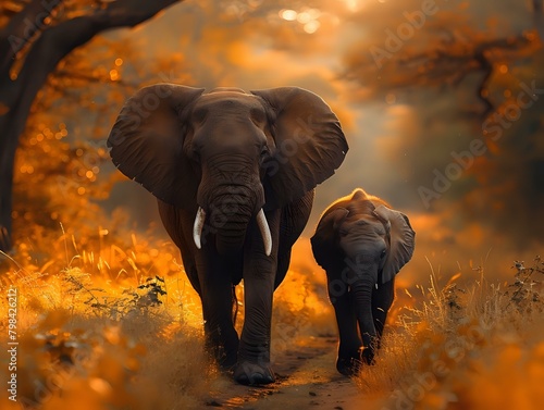 African Elephants in Peaceful Golden Savanna