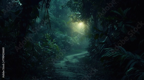 This is a picture of a dense jungle with bright light shining through the trees in the background.  