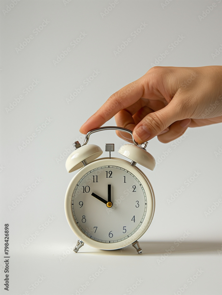 High-resolution image of a minimalist morning alarm clock being adjusted by a delicate hand, with a stark white background to keep the focus on the interaction. High-resolution image of a minimalist morning alarm clock being adjusted by a delicate hand, with a stark white background to keep the focus on the interaction.
