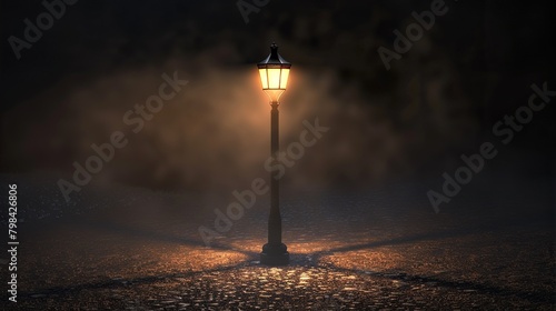 A dimly lit street lamp at night. The street is wet from rain. There is a building to the right of the lamp post.