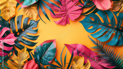 Bright collage with exotic  tropical leaves. Floral decoration. Abstract nature background
