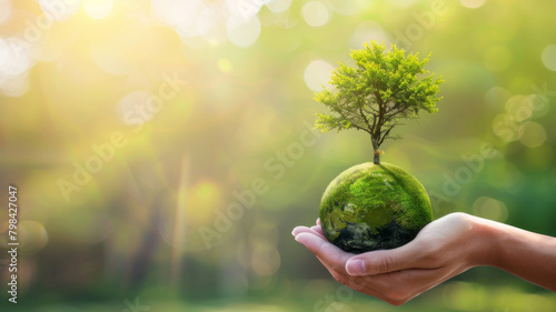 Hand human holding green earth  tree  ESG
