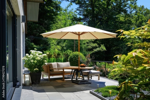 Photo of patio outside sitting area nature architecture furniture.