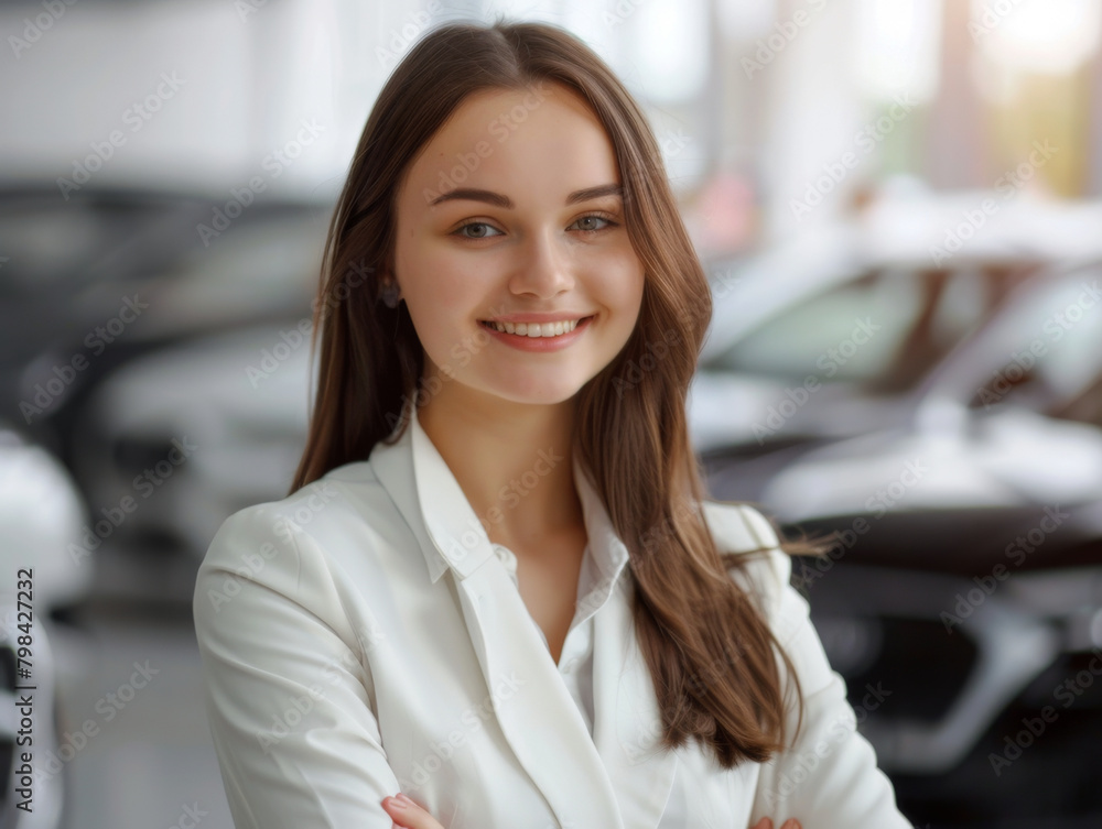 Portrait of beautiful business person smiling consultant in car salon. Car dealer in showroom Portrait of beautiful business person smiling consultant in car salon. Car dealer in showroom