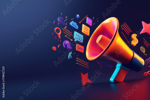 Vibrant  megaphone various marketing buzzwords like SEO social media  public relations Concept Marketing Trends