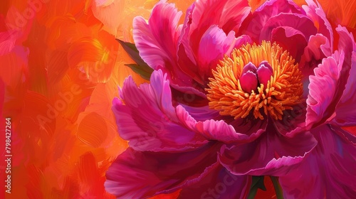 A striking dark pink peony blooms vibrantly against a backdrop of bright orange