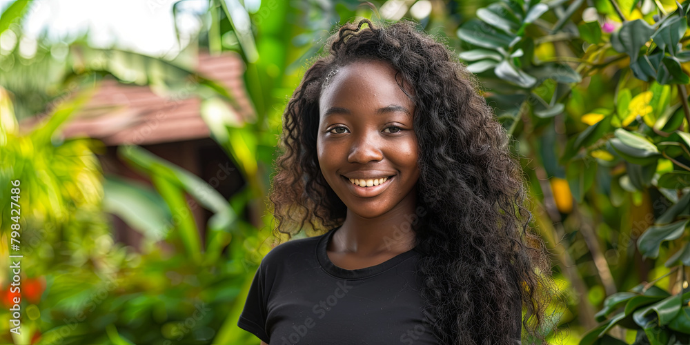 portrait of an African girl with long curly hair, generative AI portrait of an African girl with long curly hair, generative AI