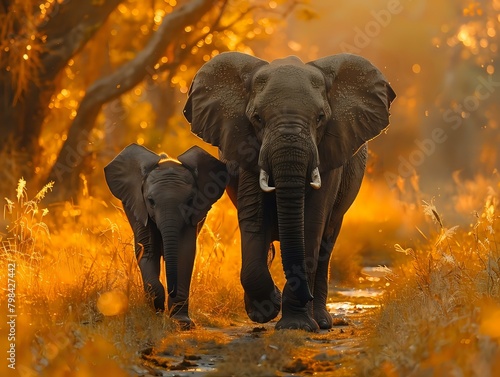 Harmonious Scene of Elephants in Golden Savanna