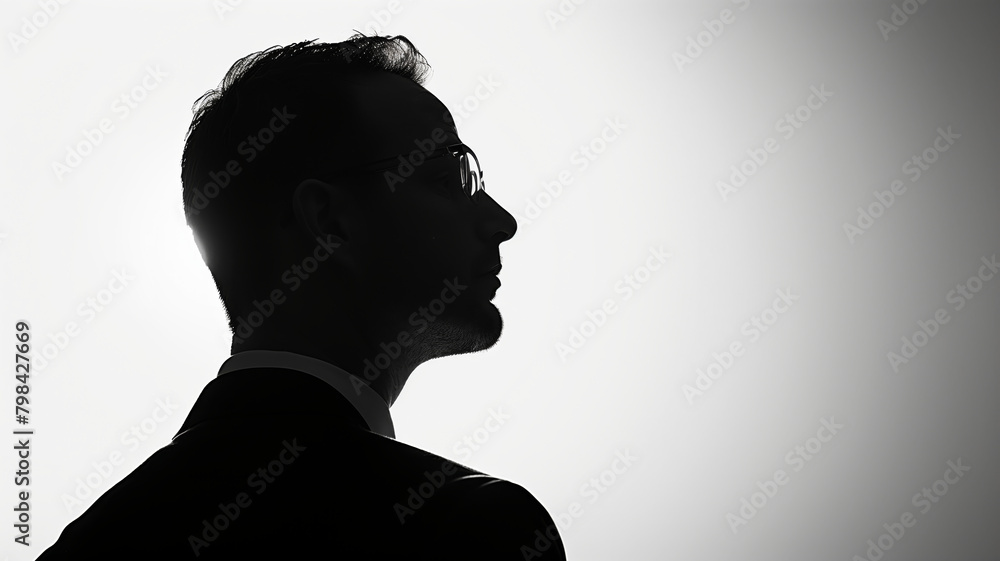 Silhouette of an business man in glasses, looking over shoulder to see what going on around them.  back lit lite studio shot