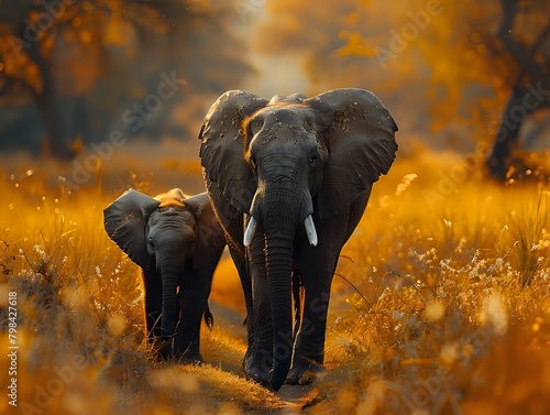 Harmony of Nature: African Elephants in Golden Light