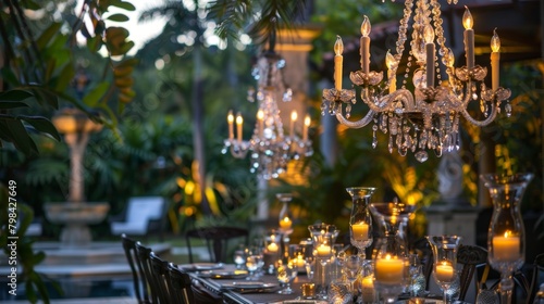 Sparkling chandeliers adorned with crystal accents and dd in candlelight hang above the outdoor dining area creating a luxurious and elegant atmosphere. 2d flat cartoon.