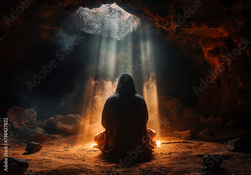 User.A Muslim man was praying in the dark cave  with sunlight shining through an opening on his back creating a silhouette effect. Tranquility during spiritual practice