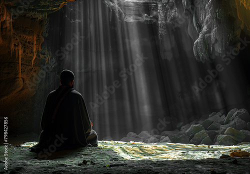 User.A Muslim man was praying in the dark cave, with sunlight shining through an opening on his back creating a silhouette effect. Tranquility during spiritual practice