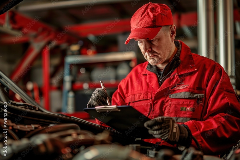 Examining a car engine under the hood manufacturing architecture clothing. Examining a car engine under the hood manufacturing architecture clothing.