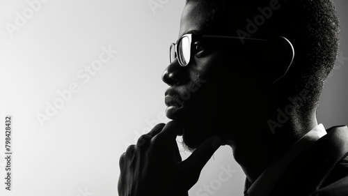 Silhouette of an business man in glasses, looking over shoulder to see what going on around them.  back lit lite studio shot photo