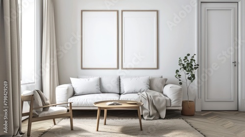 Interior view of the living room of a modern minimalist Scandinavian house  with comfortable sofa chairs  poster frame decorations on the white wall and minimalist interior plants.