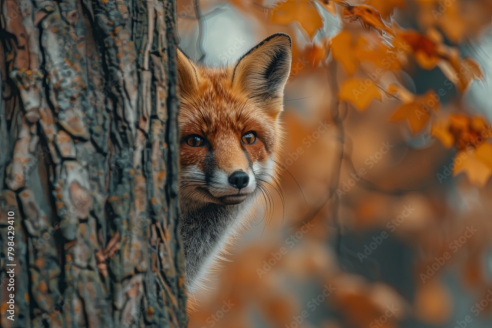 Red Fox - Vulpes vulpes, sitting up at attention, direct eye contact, a little snow in its face, tree bokeh in background Red Fox. The species has a long history of association with humans.The red fox