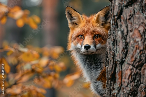 Red Fox - Vulpes vulpes, sitting up at attention, direct eye contact, a little snow in its face, tree bokeh in background Red Fox. The species has a long history of association with humans.The red fox