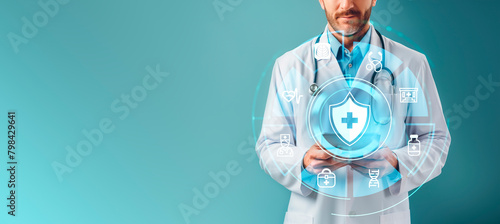 Doctor with tablet and medical icons, copy space. Ai generative illustration