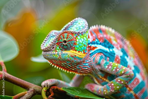 Chameleon on the flower. Beautiful extreme close-up.Yellow blue lizard Panther chameleon isolated on white background,lizard © Sittipol 