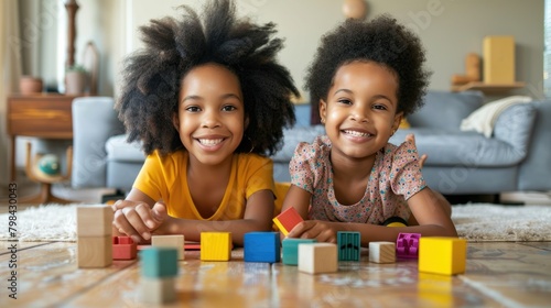Mother and daughter are building blocks indoors