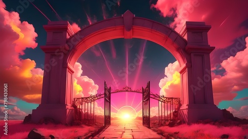 A depiction of the gates to heaven open on bright neon cloudy sky background. Door to heaven. Arched passage open to heaven`s sky. Hope metaphor. Mystical glowing exit. Open door template, mock up
