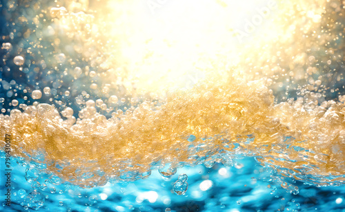 水とイエローゴールドの飛沫とまばゆい光のイラスト背景