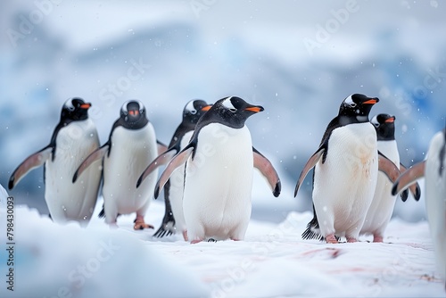  a group of penguins walking  braving the harsh Antarctic conditions  their distinctive black and white plumage standing out against the ice and snow 