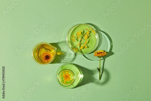 View from above of a petri dish, a beaker and an erlenmeyer flask containing oil and liquid extracted from Calendula flowers. Calendula has high amounts of flavonoids