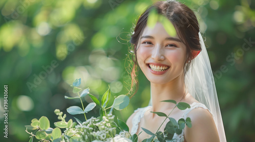 日本の自然の中で笑顔で微笑む花嫁、ユーカリのナチュラルなブーケ