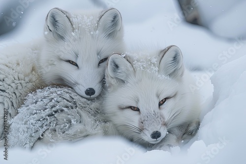 family of arctic foxes nestled in a snowy den, their thick fur providing insulation from the frigid temperatures,  © Sittipol 