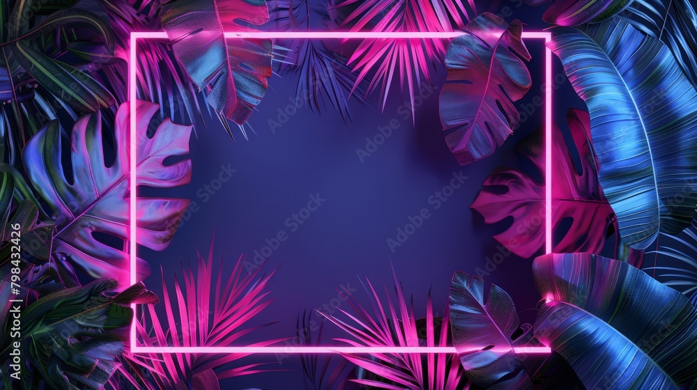 3d render abstract neon color frame with tropical leaves 3d render abstract neon color frame with tropical leaves